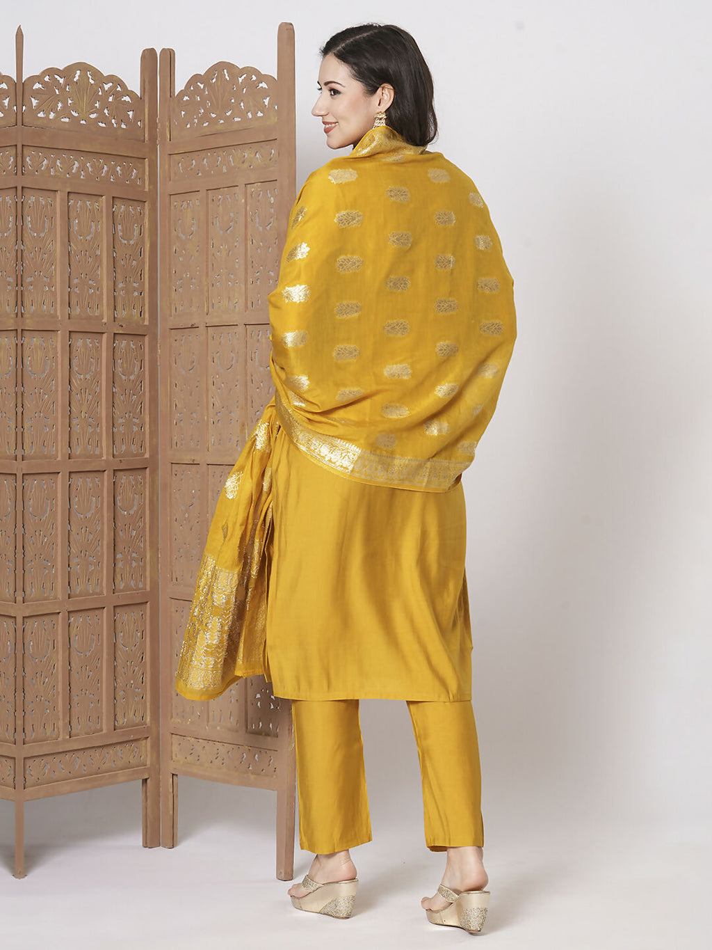 Yellow PV Chanderi Embroidery Work Kurta Set - Riya | Grocsy