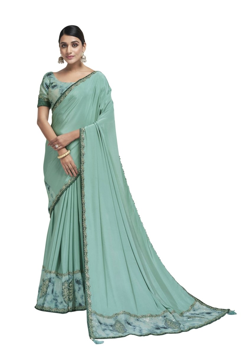 Aqua Blue Crepe Silk Sequence & Lace Work On Border Saree With Blouse Piece - Norita Avyaan | Grocsy