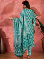 Joban Fashion Printed Teal Pure Cotton Kurta Set | Grocsy