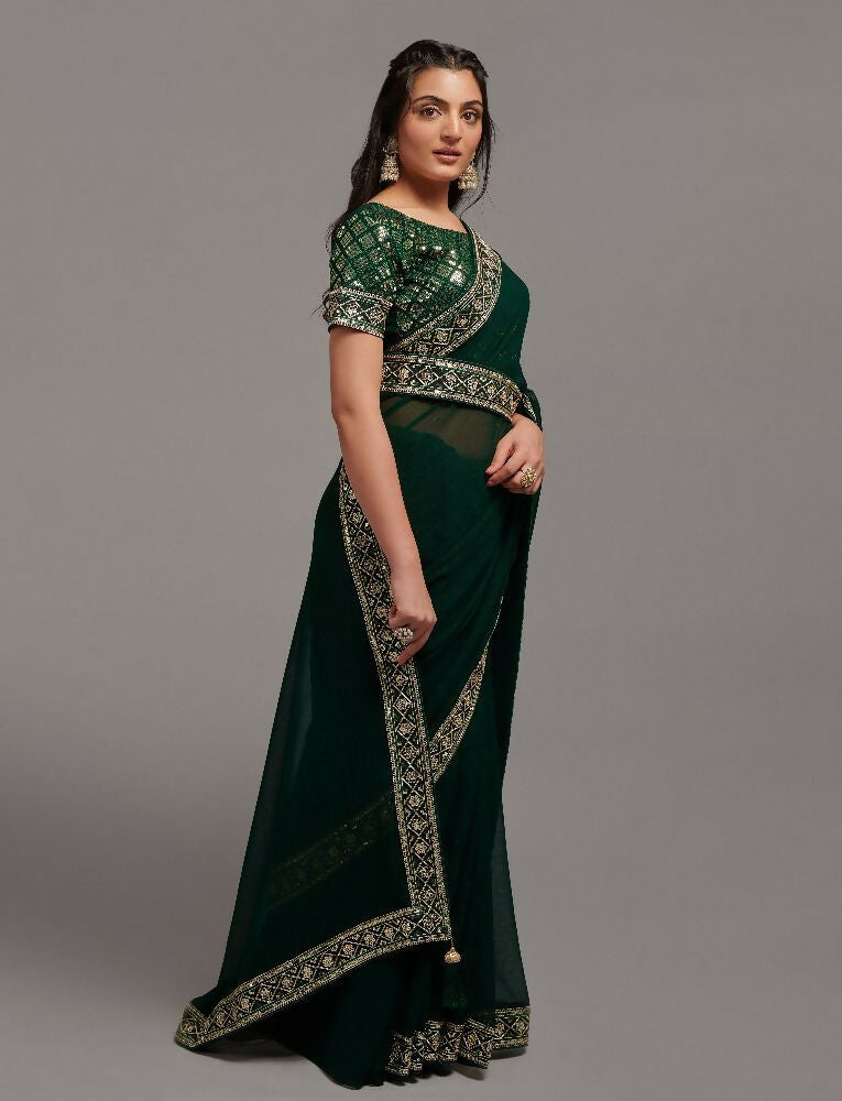 PR Fashion Green Zometo Embroidery Lace Saree | Grocsy