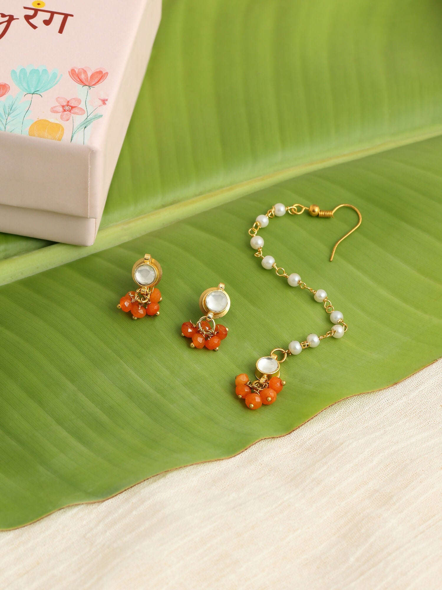 Ruby Raang Mannat Set Of 2 - Orange Embedded Maang Tikka And Earrings | Grocsy