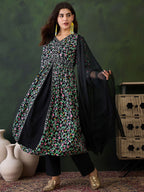 Sangria Printed V- Neck Antalkali, Dupatta & Dupatta Set | Grocsy