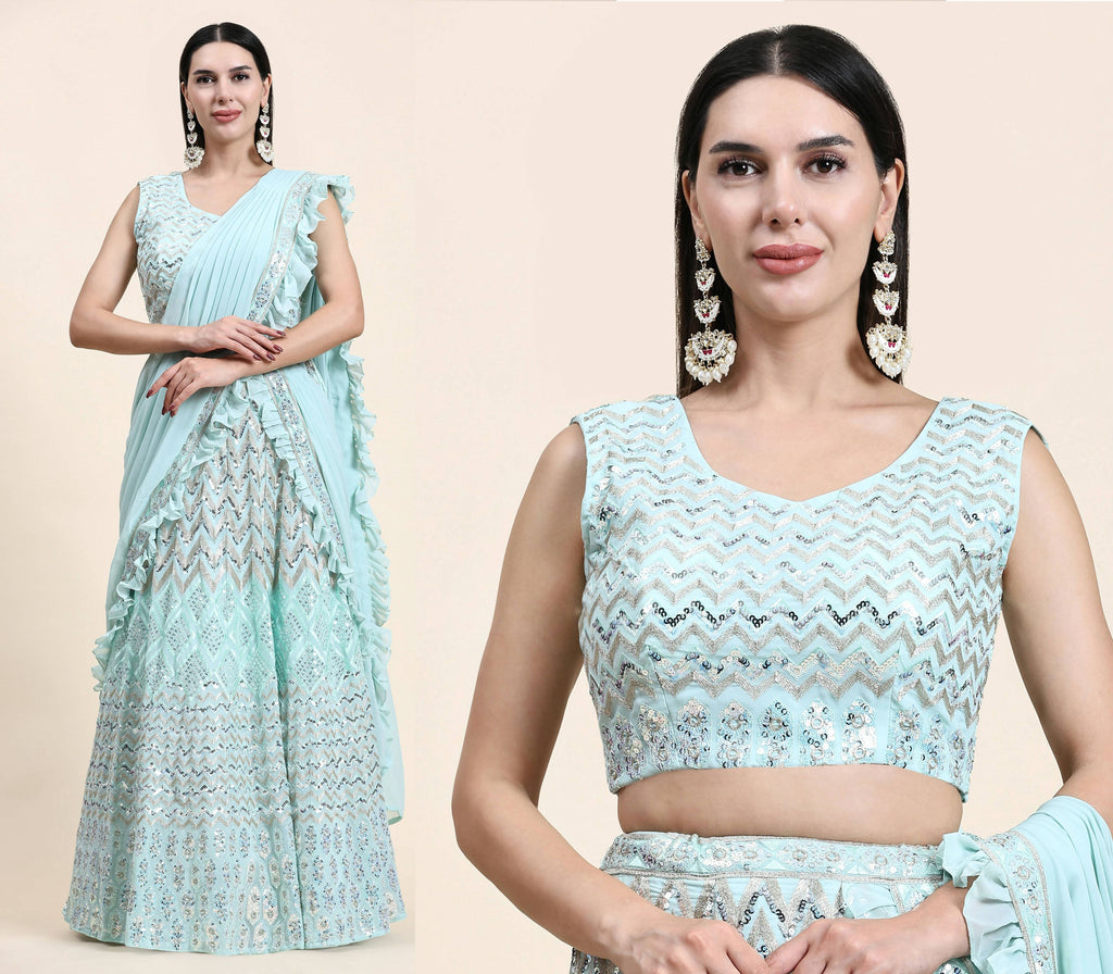 Sky Blue Pure Viscose Georgette Thread With Sequins Embroidery Work Lehenga Choli With Dupatta - Tanya | Grocsy