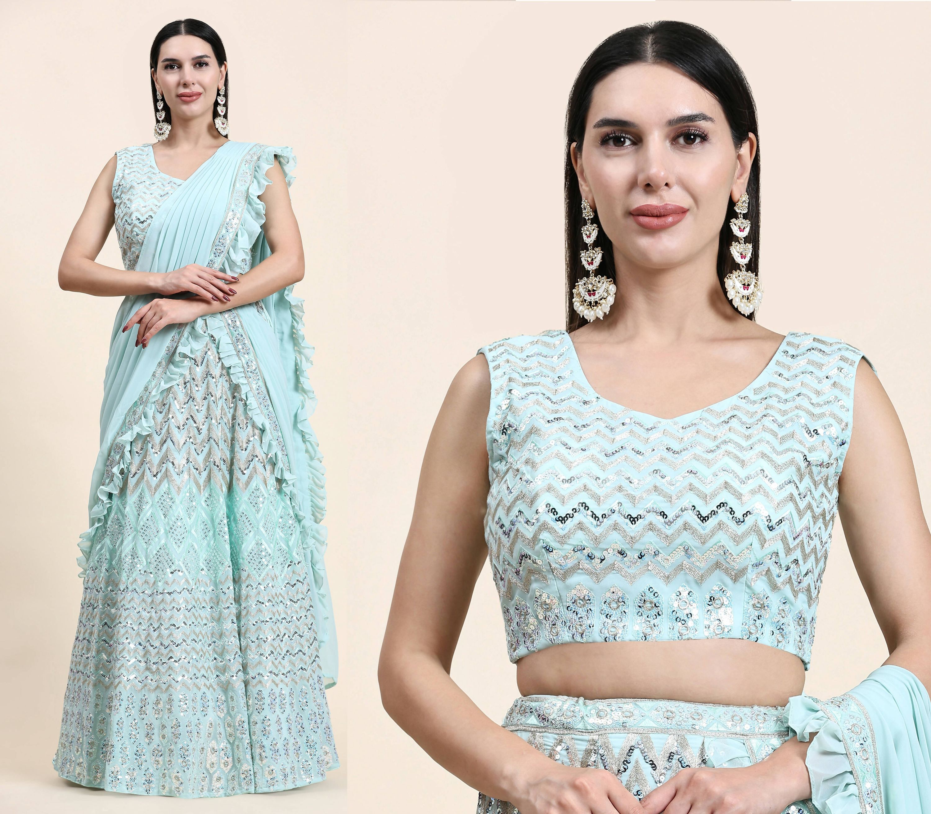 Sky Blue Pure Viscose Georgette Thread With Sequins Embroidery Work Lehenga Choli With Dupatta - Tanya | Grocsy