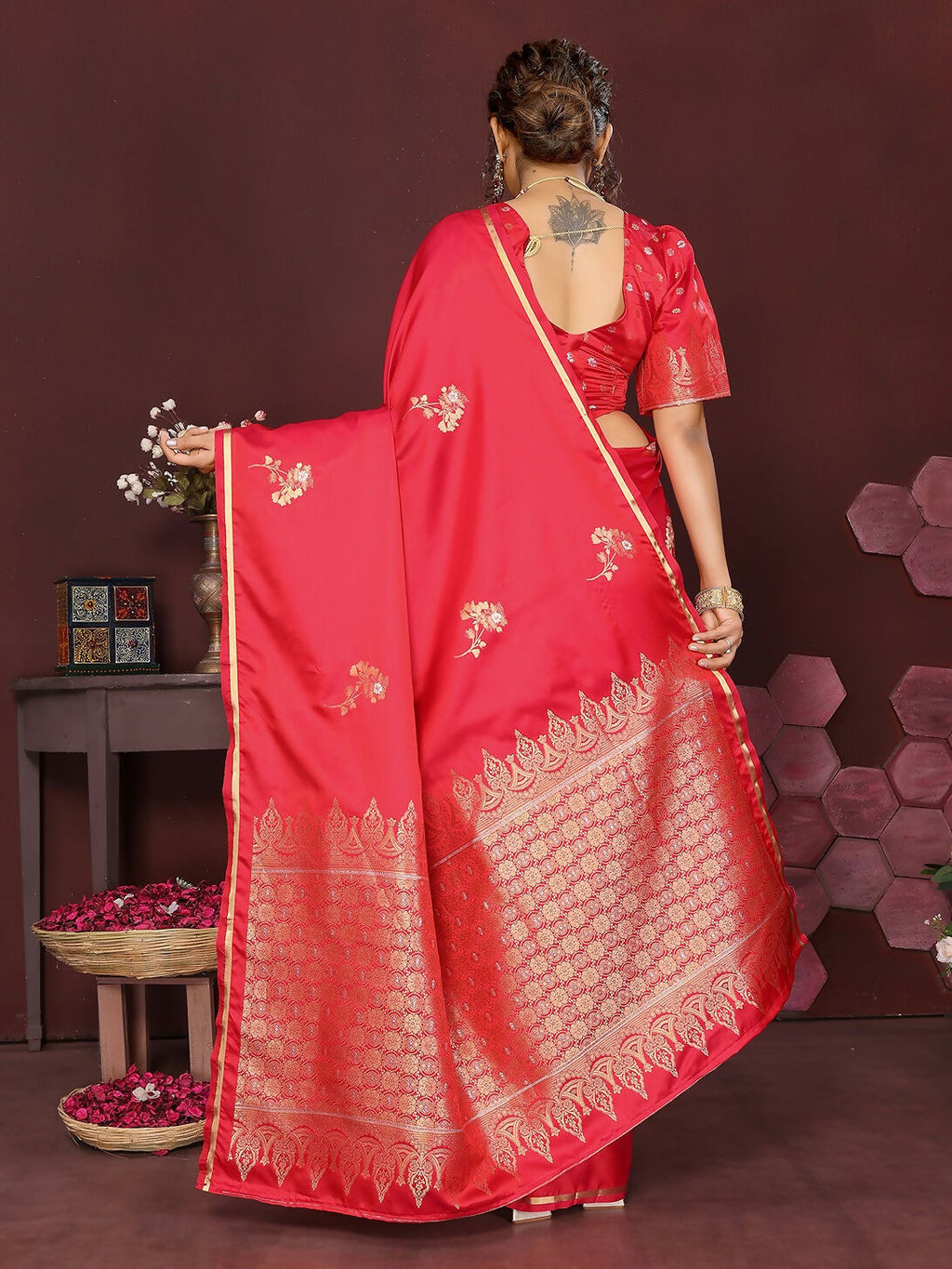 Joban Fashion Reddish Pink Floral Banarasi Silk Sarees | Grocsy