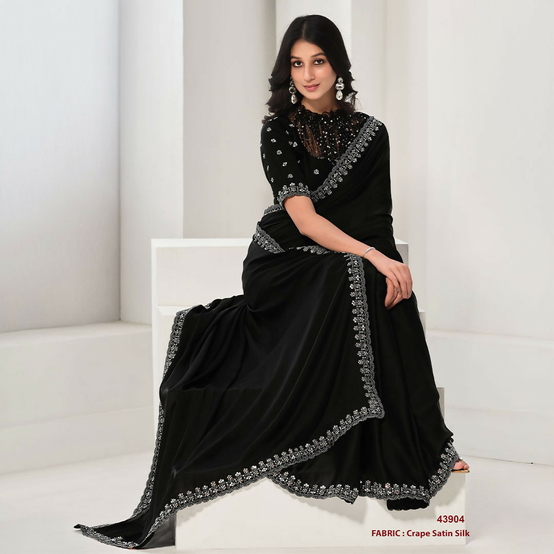 Black Crepe Satin Silk Sequence & Handwork Saree With Unstitched Blouse - Norita Saanjh | Grocsy