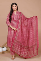 Miravan Women's Pink Straight Floral Printed Kurta & Palazzo With Dupatta Set | Grocsy