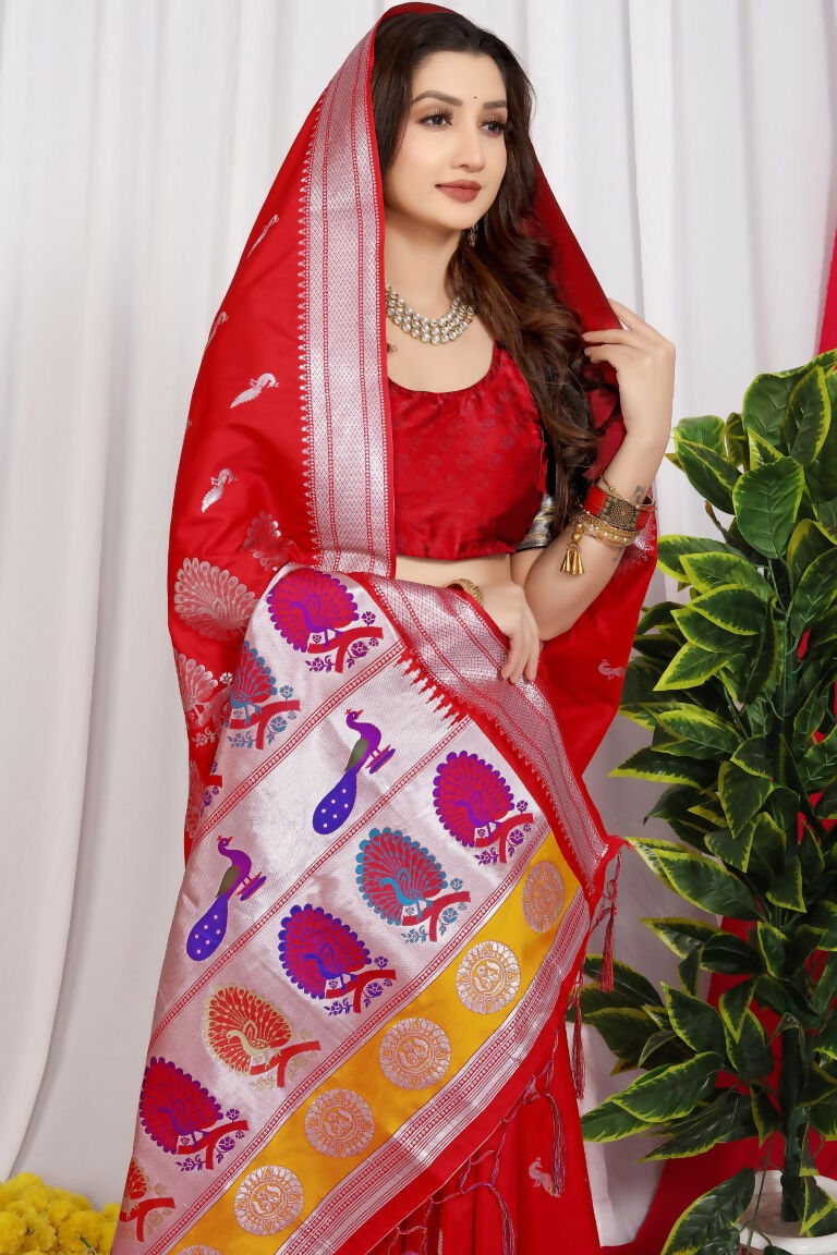 Jyoti Fashion Women's Red Paithani Silk Zari Woven Saree with Blouse | Grocsy