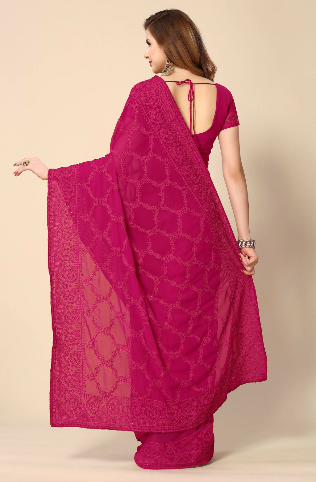 Pink Georgette Embroidered and Stone Work Saree with Unstitched Blouse Piece - Roozal | Grocsy
