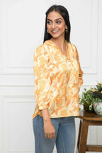 Myshka Women Floral V-Neck Regular Sleeves Polyester Mustard Top | Grocsy