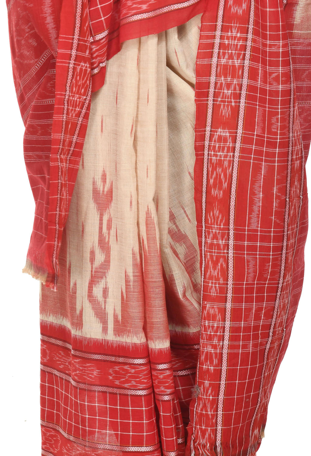 Vamika Sambalpuri Ikat Cotton Scot Dali Tasrite & Red Saree | Grocsy