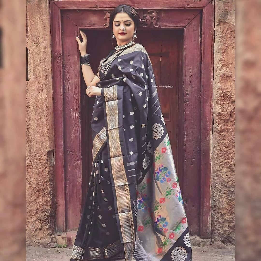 DEIANA'S Beautiful Designer Golden zari Soft Lichi Silk Saree - Black | Grocsy