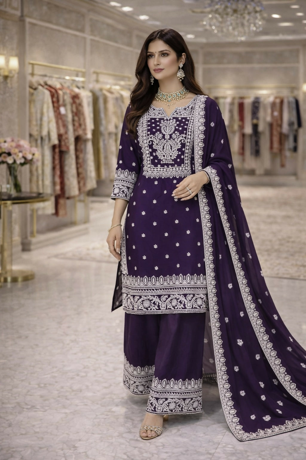 Teeya Creation Purple Fendi Silk Designer Heavy Work Wedding Wear Palazzo | Grocsy