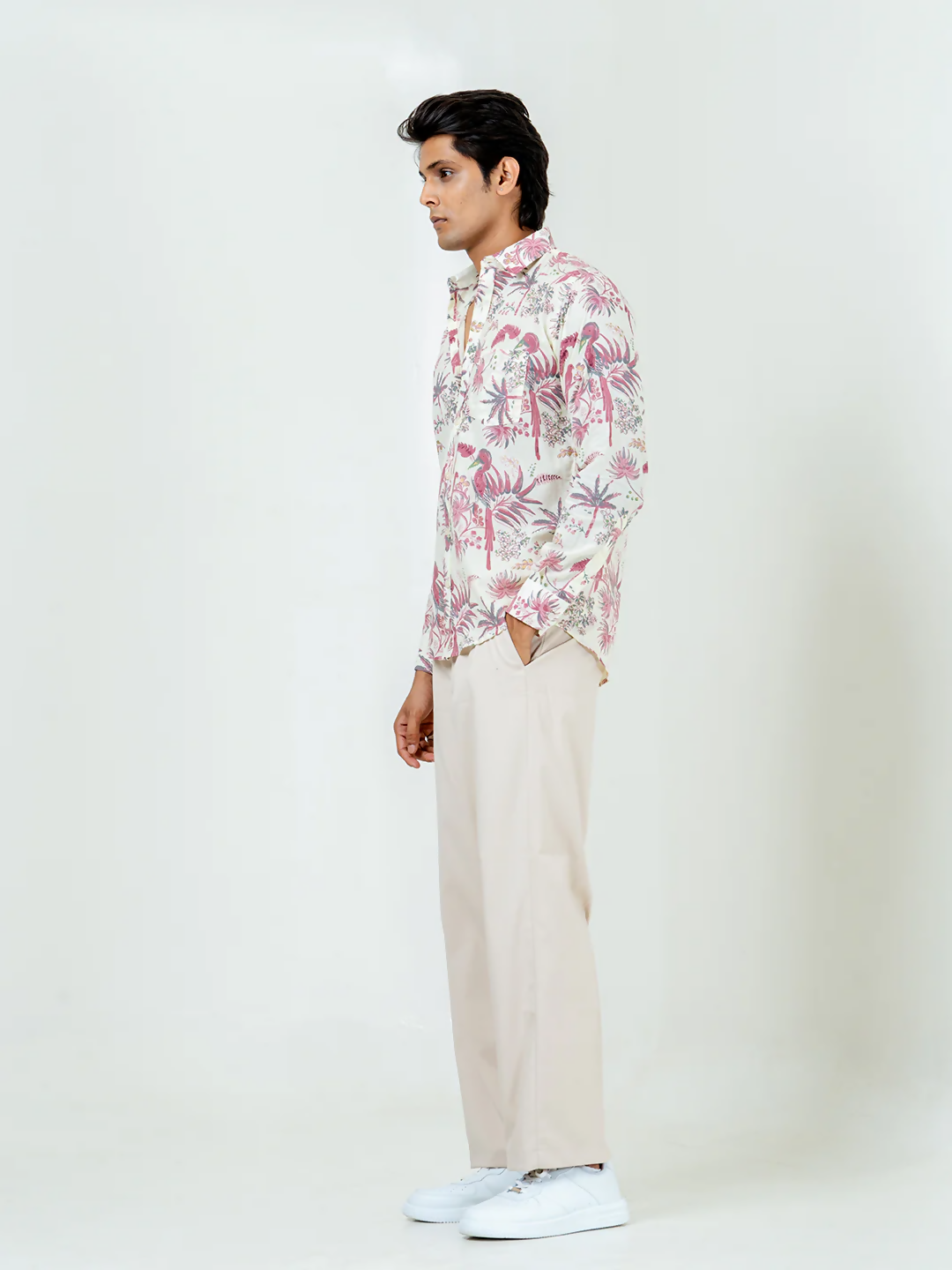 Miravan Men's Pure Cotton Light Pink Bird And Floral Printed Full Sleeve Slim Fit Shirt | Grocsy