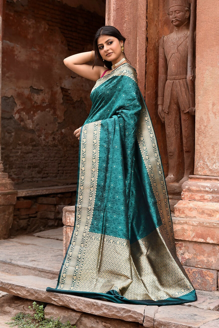 Joban Fashion Green Banarasi Katan Pure Handloom Banarasi Silk Saree | Grocsy