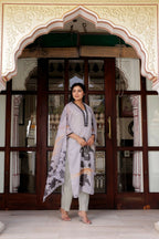 Vaasva Women Grey Tabby Slik Print & Embroidered Kurta, Pant & Dupatta Straight | Grocsy