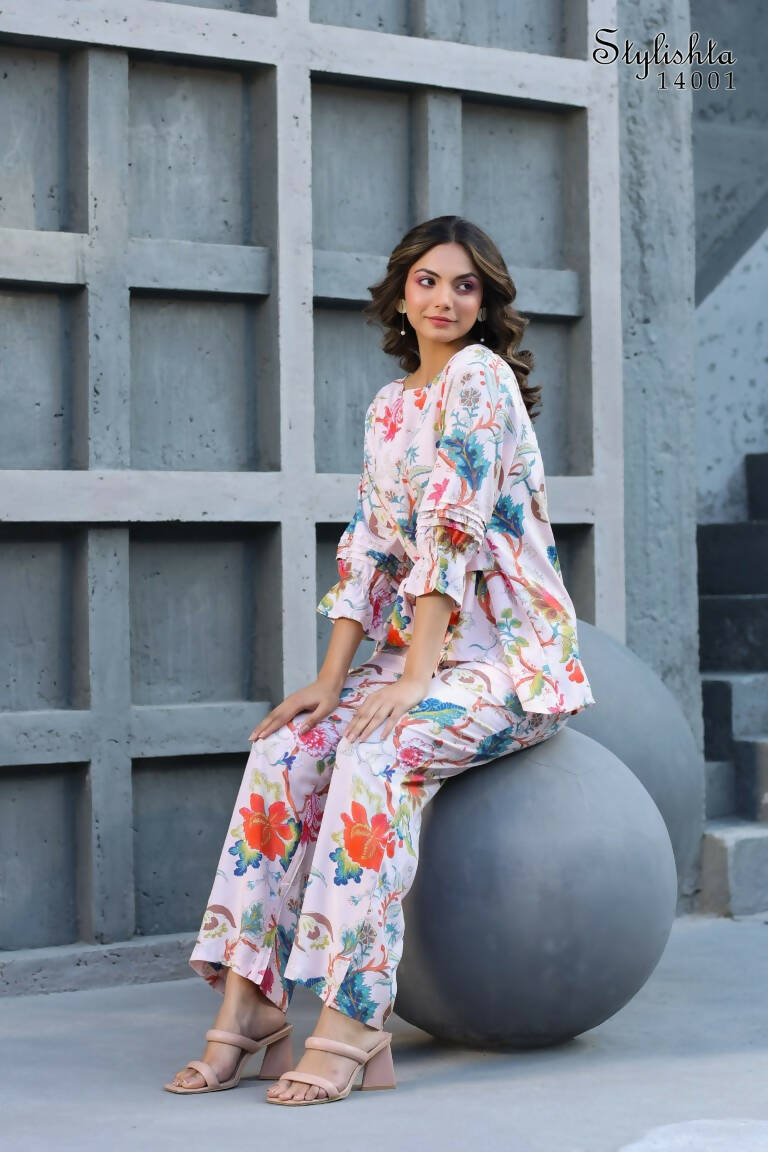 Women's Partywear Designer White & Multi Muslin co-ord set - Stylishta | Grocsy