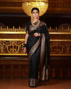 DEIANA'S Beautiful Designer Golden zari Soft Lichi Silk Saree - Black | Grocsy