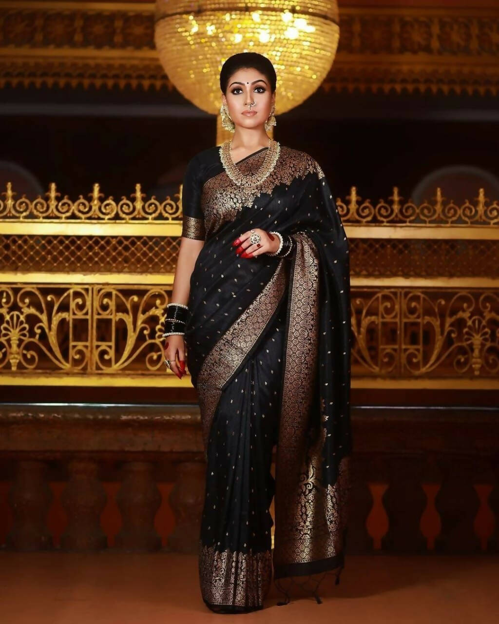 DEIANA'S Beautiful Designer Golden zari Soft Lichi Silk Saree - Black | Grocsy