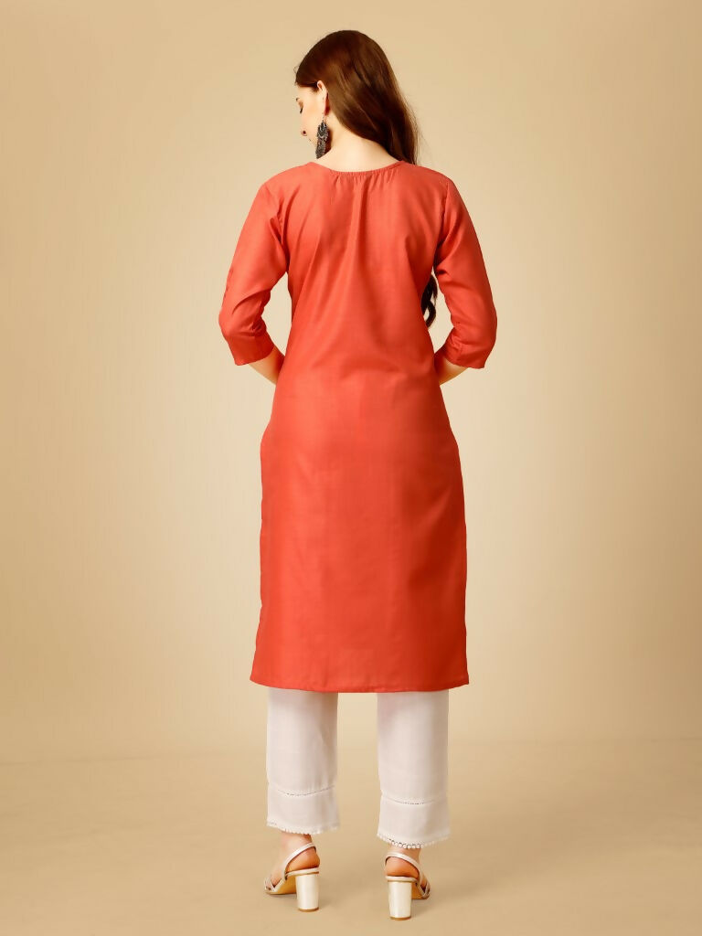 Jyoti Fashion Women's Coral Cotton Blend Embroidered Kurta Pant Set | Grocsy