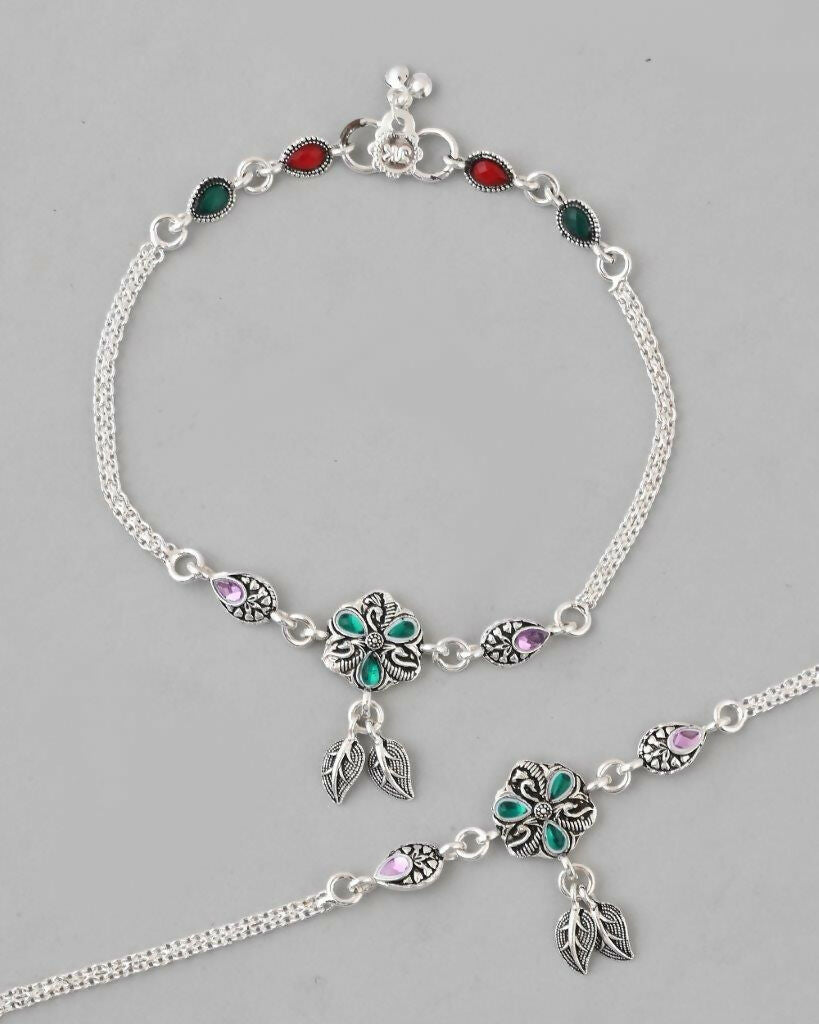 VOJ Set of 2 Traditional Stone Studded Flower Shaped Anklet | Grocsy