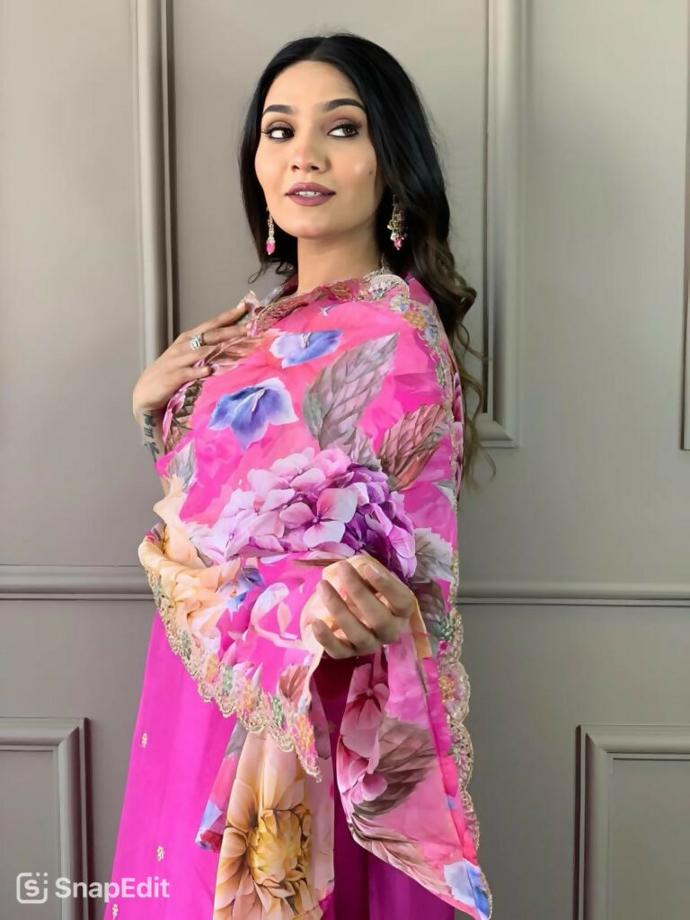 Partywear Designer Viscose Chanderi Pink Stitched Suit With Dupatta - Tanisha | Grocsy