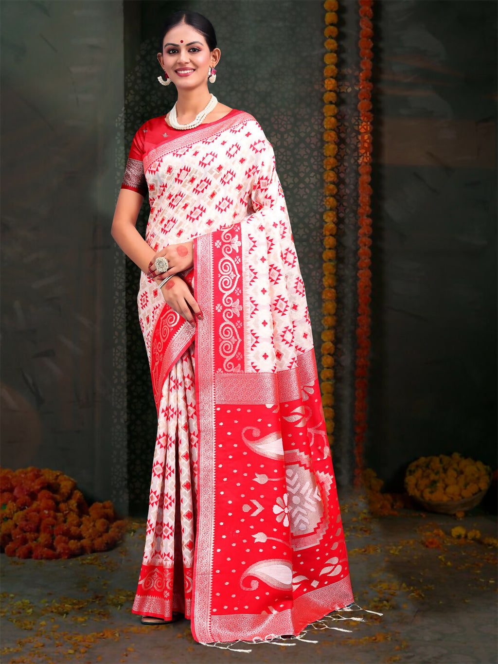Shree Shyam Fashion Devistuti Red White Linen Cotton Saree | Grocsy