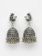 NVR Women's Silver-Toned Peacock Design German Silver Oxidised Dome Shaped Jhumka Earrings | Grocsy