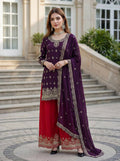 Teeya Creation Wine Chinon Silk Embroidery Work Party Wear Palazzo Pair | Grocsy
