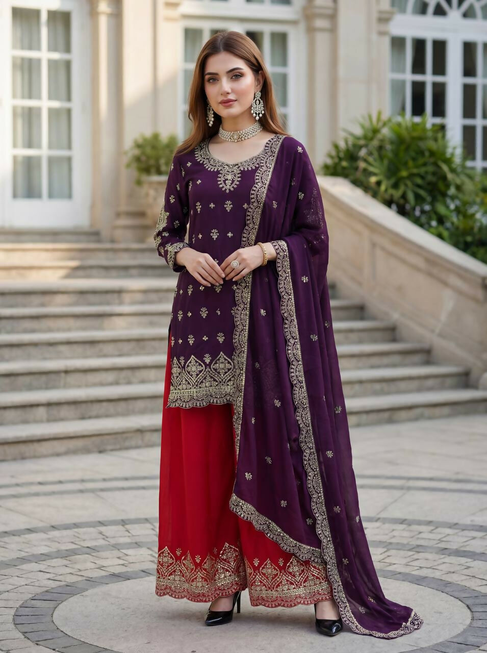Teeya Creation Wine Chinon Silk Embroidery Work Party Wear Palazzo Pair | Grocsy