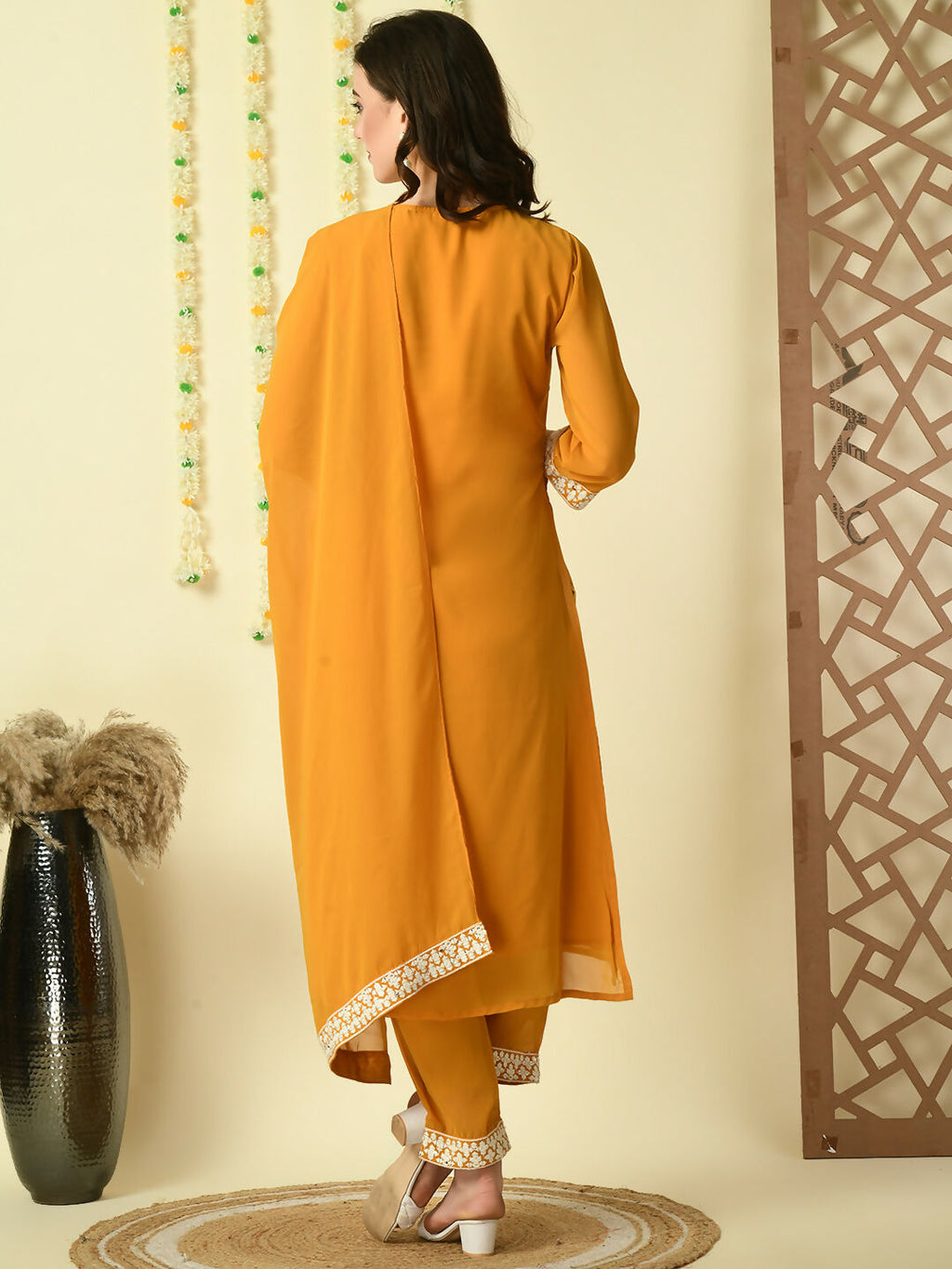 Myshka Women's Mustard Georgette Kurta & Trousers With Dupatta Party Sets | Grocsy