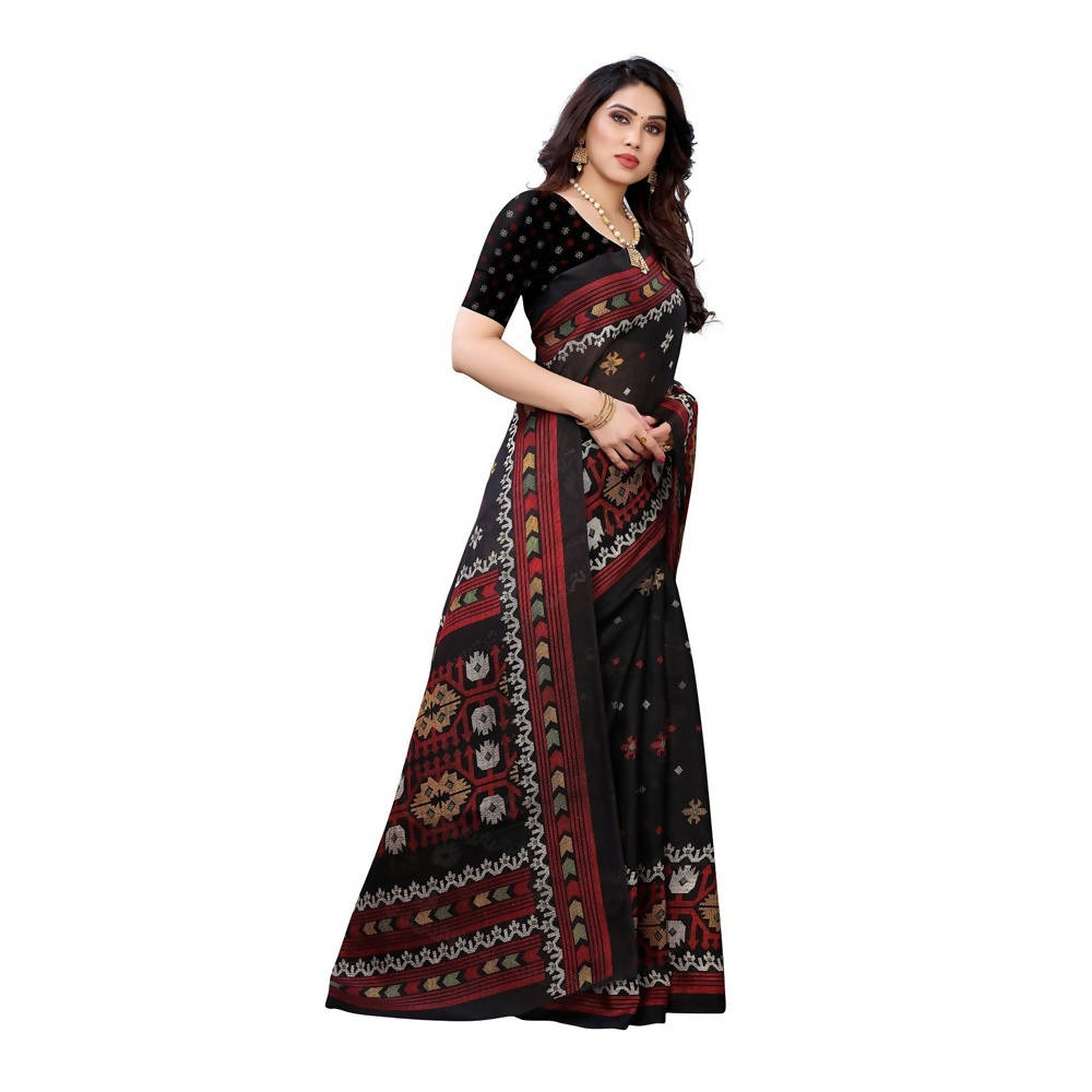 Vamika Printed Jute Silk Black Saree (Namita Black) | Grocsy