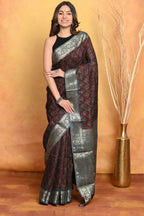 Very Much Indian Modal Silk Ajrakh Handblock Printed Natural Dyes With Designer Border Saree - Dark Maroon | Grocsy