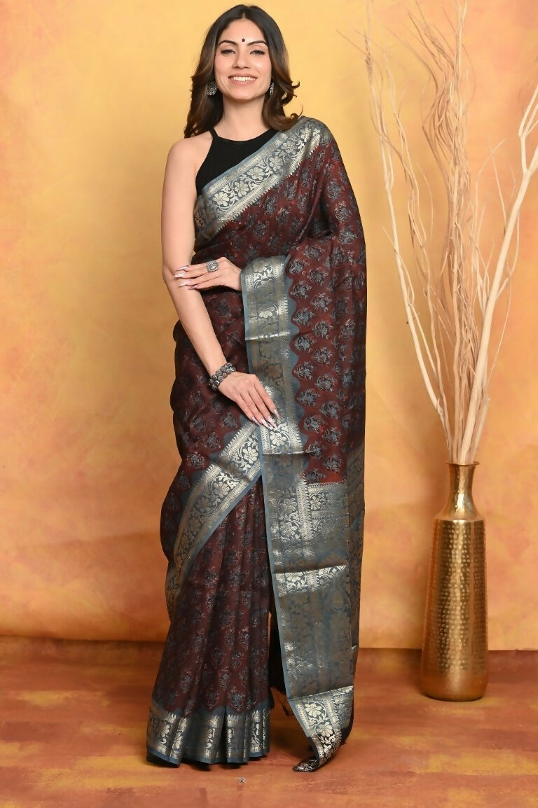 Very Much Indian Modal Silk Ajrakh Handblock Printed Natural Dyes With Designer Border Saree - Dark Maroon | Grocsy