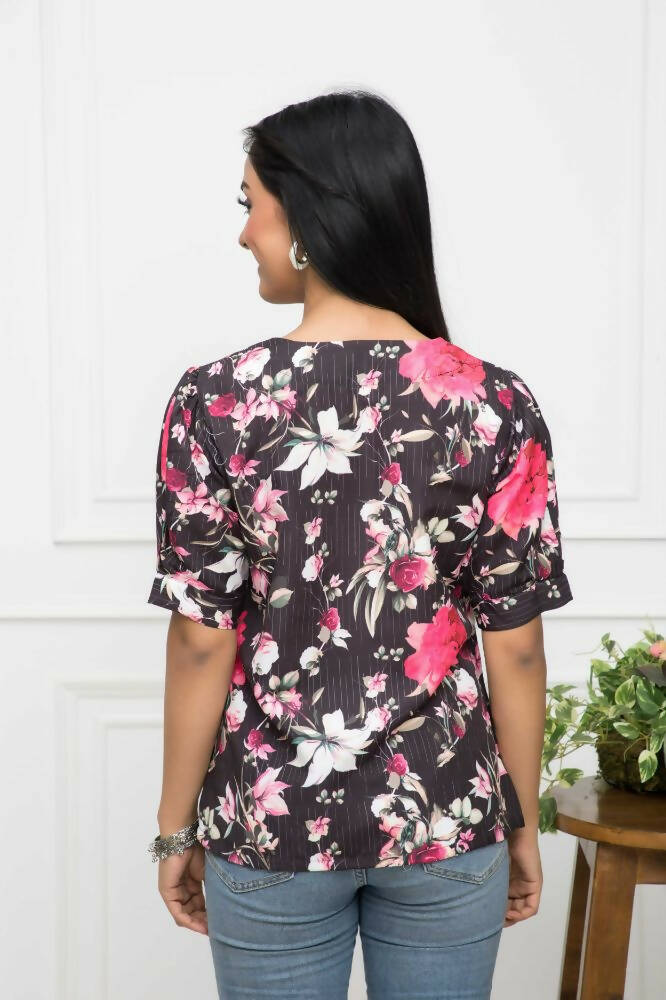 Myshka Women V-Neck Regular Sleeves Viscose Rayon Black Floral Top | Grocsy
