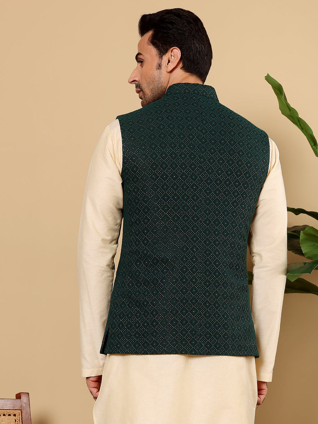 MULTI SHADES Men's Green Embroidered Band Neck Woven Design Nehru Jacket | Grocsy
