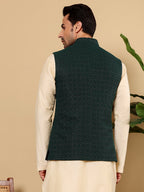 MULTI SHADES Men's Green Embroidered Band Neck Woven Design Nehru Jacket | Grocsy