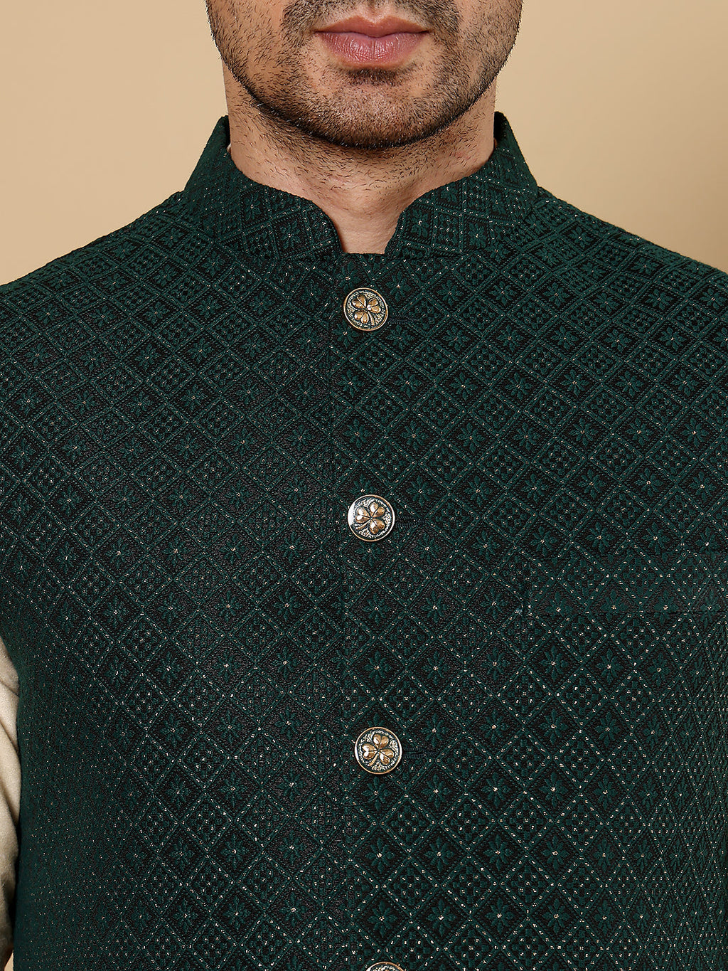 MULTI SHADES Men's Green Embroidered Band Neck Woven Design Nehru Jacket | Grocsy
