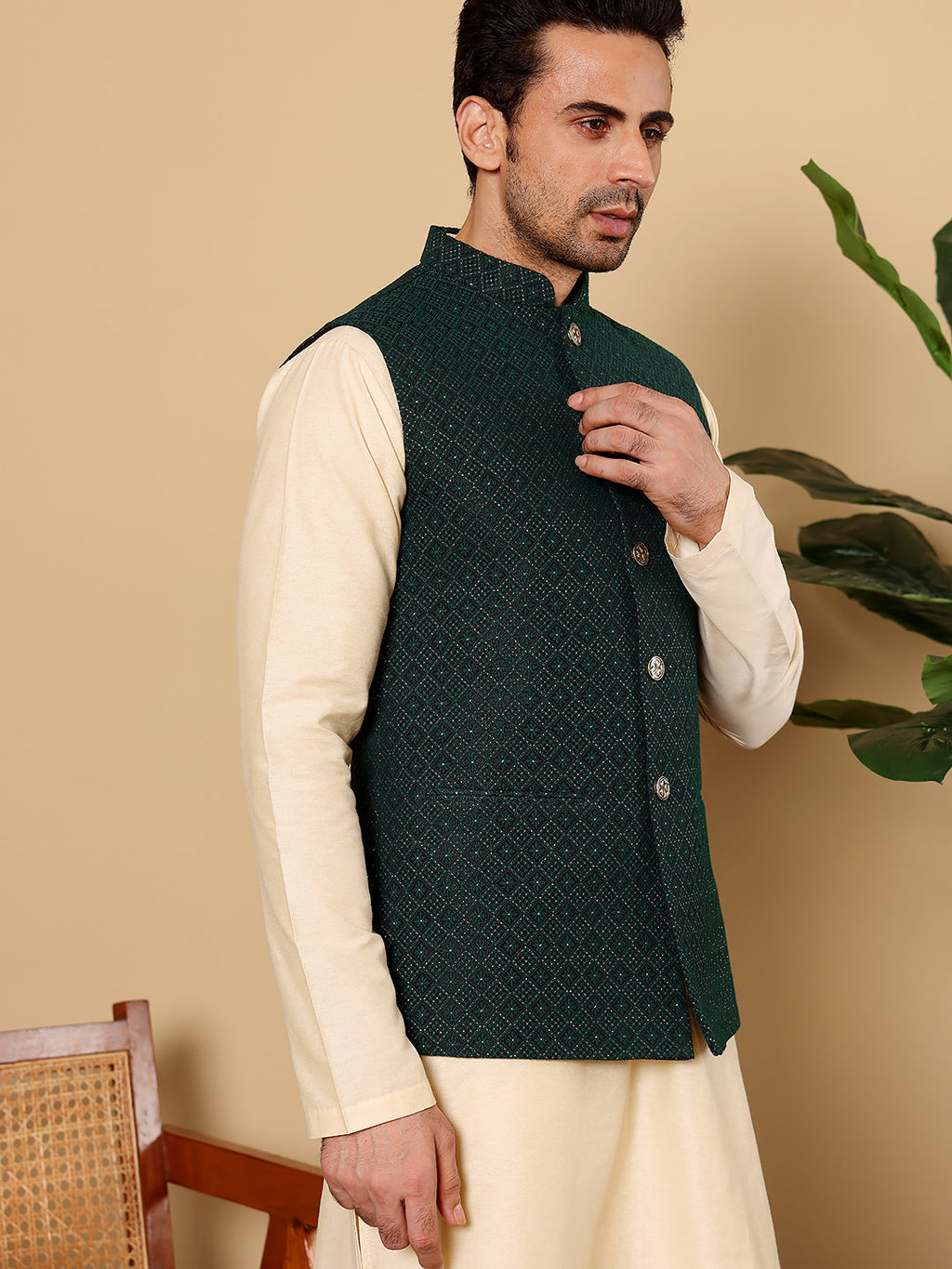 MULTI SHADES Men's Green Embroidered Band Neck Woven Design Nehru Jacket | Grocsy