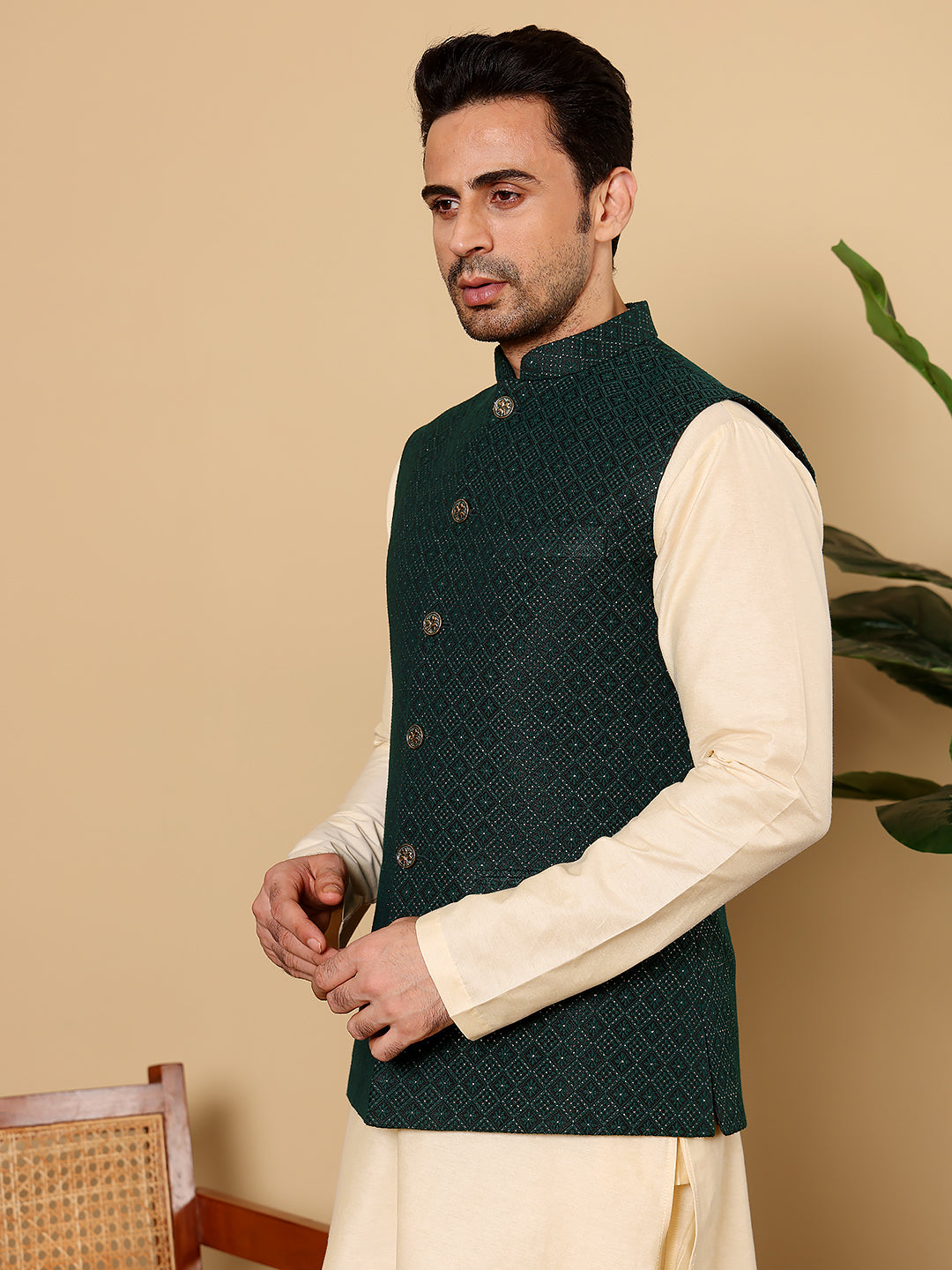 MULTI SHADES Men's Green Embroidered Band Neck Woven Design Nehru Jacket | Grocsy