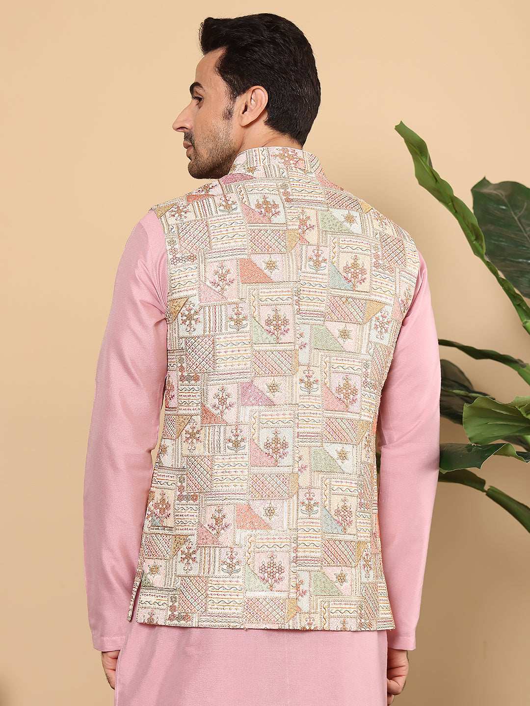 MULTI SHADES Men's Multi Colour Embroidered Band Neck Woven Design Nehru Jacket | Grocsy