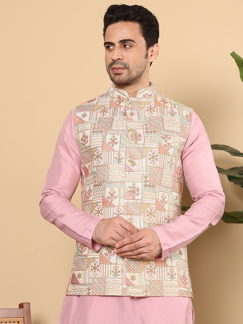 MULTI SHADES Men's Multi Colour Embroidered Band Neck Woven Design Nehru Jacket | Grocsy