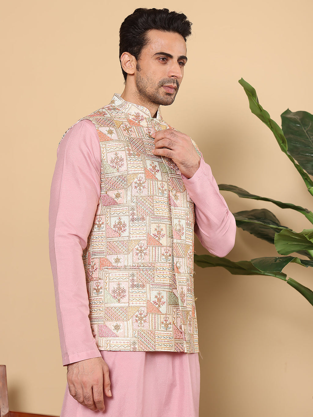 MULTI SHADES Men's Multi Colour Embroidered Band Neck Woven Design Nehru Jacket | Grocsy