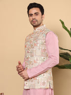 MULTI SHADES Men's Multi Colour Embroidered Band Neck Woven Design Nehru Jacket | Grocsy