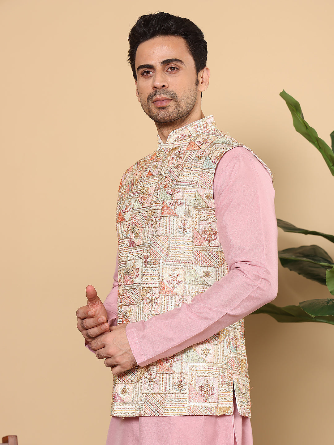 MULTI SHADES Men's Multi Colour Embroidered Band Neck Woven Design Nehru Jacket | Grocsy