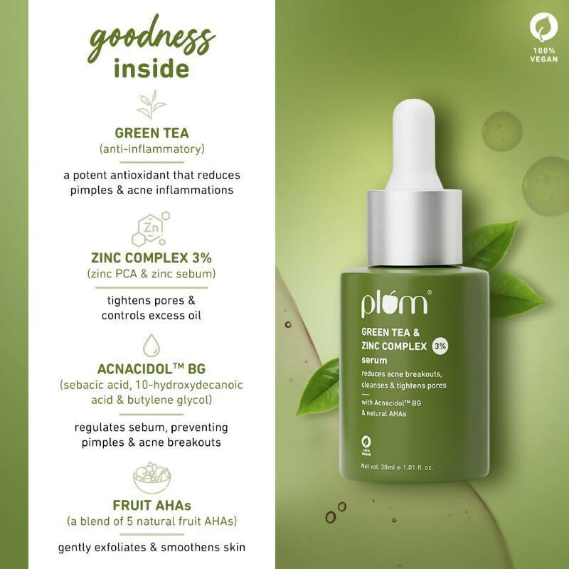Plum Green Tea & 3% Zinc Complex Face Serum with Acnacidol BG - Fights Acne, Pimples & Controls Oil | Grocsy