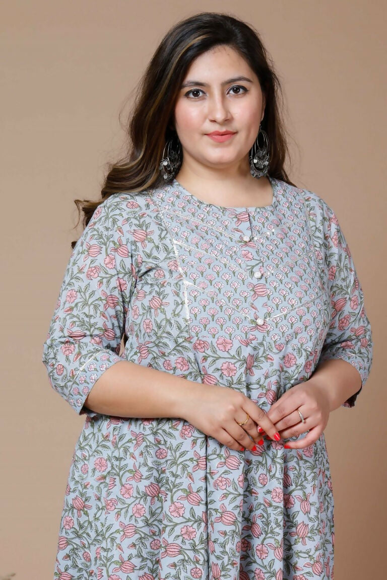 Miravan Women's Plus Size Blue Ethnic Motifs Gotta Patti Pure Cotton Anarkali Kurta | Grocsy