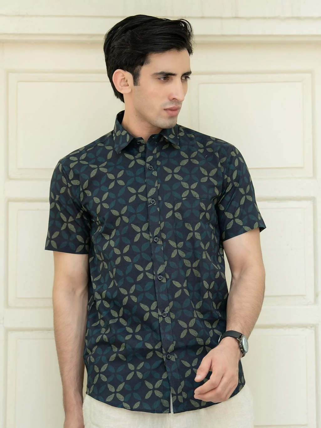 Miravan Men's Pure Cotton Blue Abstract Printed Half Sleeve Slim Fit Shirt | Grocsy