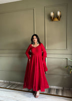 Teeya Creation Red Color Faux Georgette Heavy Embroidery Work Functional Wear Gown | Grocsy