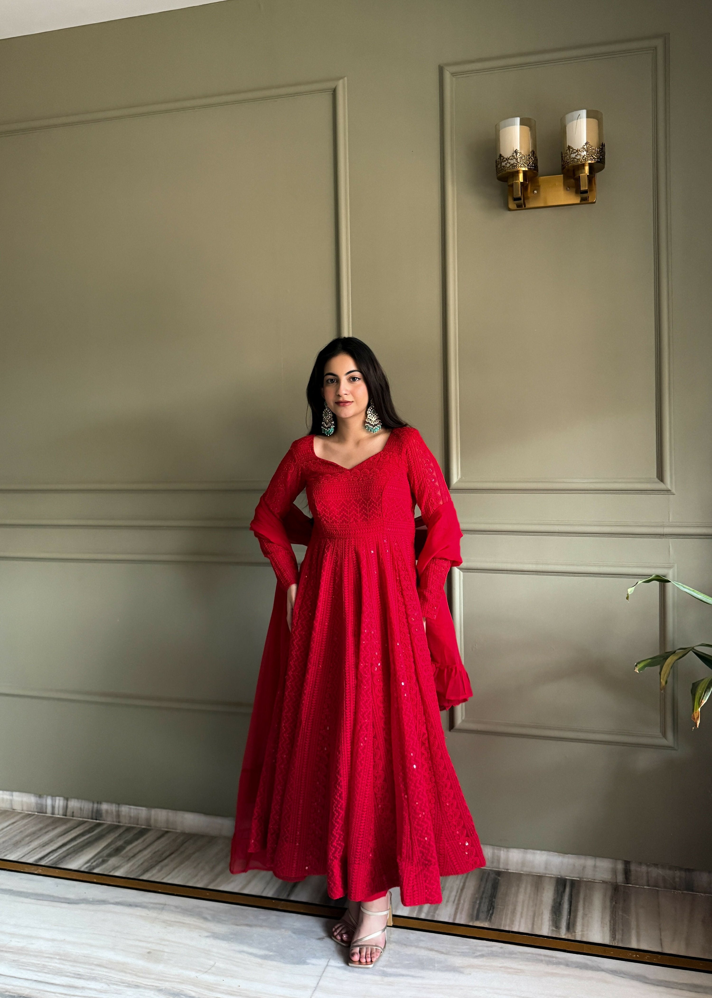 Teeya Creation Red Color Faux Georgette Heavy Embroidery Work Functional Wear Gown | Grocsy